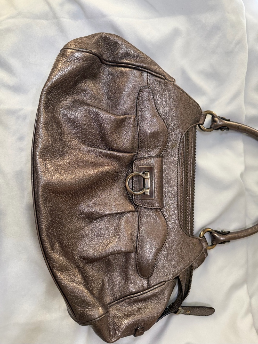 Salvatore Ferragamo Gancini Leather Bronze/gold Top-Handle Satchel - Picture 15 of 16